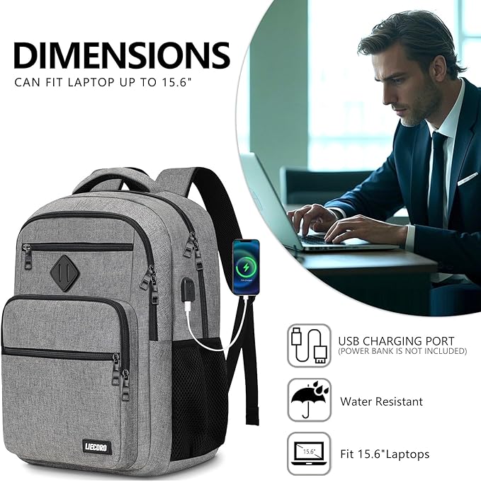School Backpack for Boys Girls Teens, Grey Backpack for Men Women, 15.6 inch Laptop Back Pack with USB Charging Port, Backpacks for School Business Work College Travel, College Book Bag, Bookbag
