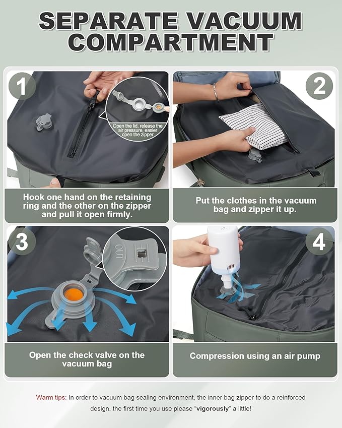 VGCUB Vacuum Backpack Travel with Electric Pump Vacpack System Storage Compression Laptop Work Business Waterproof College Weekender Bags Casual Daypack Backpacks for Women Men Green