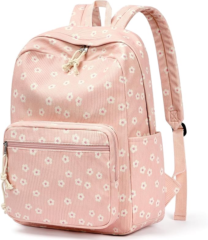 mibasies School Backpack for Girls with Laptop Sleeve: 18IN Large Capacity Corduroy Bookbag for Primary Middle School/College, Travel Daypack for Teens Women - Pink Flower