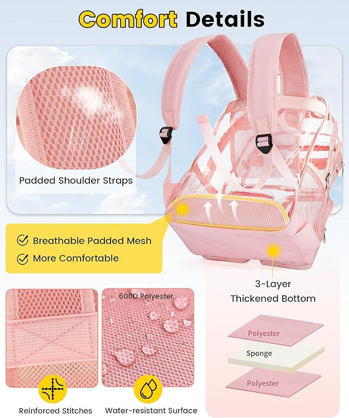 Vorspack Clear Backpack Heavy Duty - Multi-pockets Clear Bookbag Transparent See Through Backpacks for College Work Festival - Pink