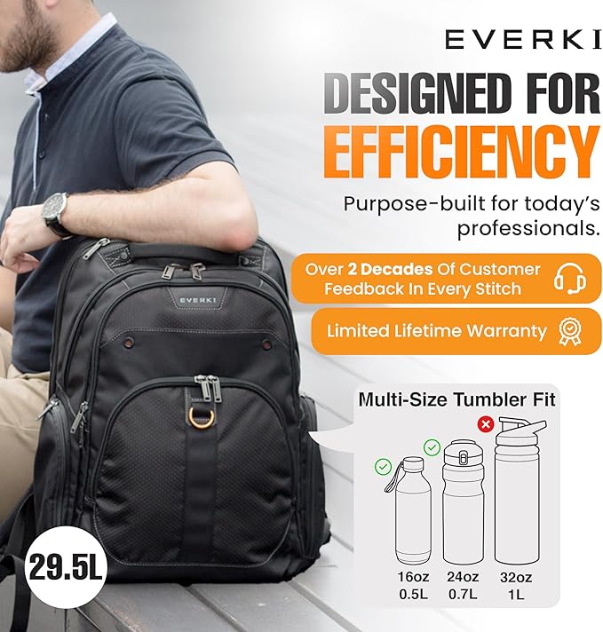 EVERKI Atlas Business 29.5L Laptop Backpack – Travel-Friendly Business & Office, Professional Backpack for Men & Women, Durable Computer Bag with Adjustable Padded Compartment, Fits 11"-15.6", Black