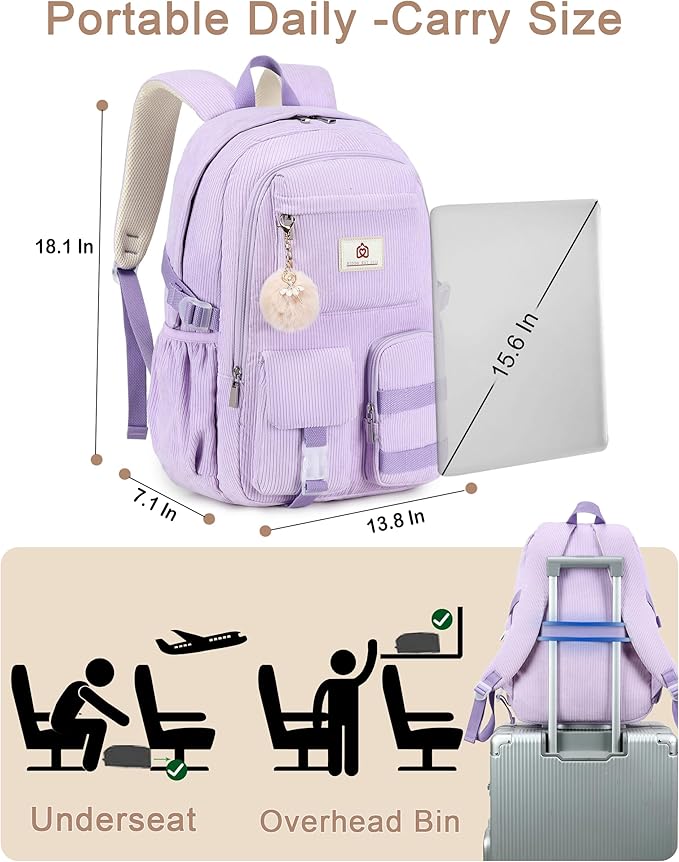 Hidds School Backpack for Teens Girls Women 15.6 Inch Laptop College Backpacks Corduroy Kids Bookbag Students Travel Daypack Womens (Purple)