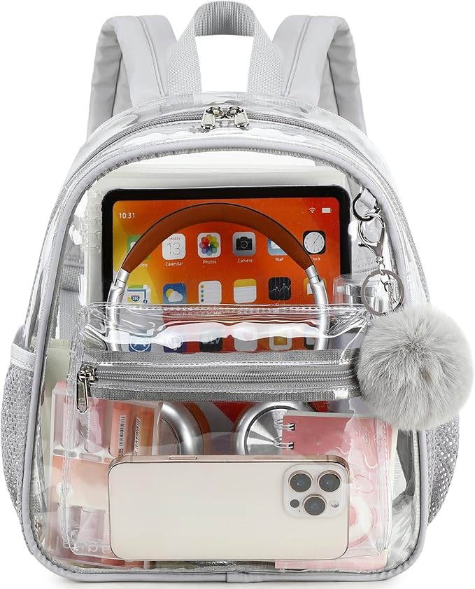 BTOOP Clear Mini Backpack for Stadium Events 12x12x6 Small Transparent Backpacks Plastic See Through Clear Bag for Concerts Work Festival Security Travel Gray