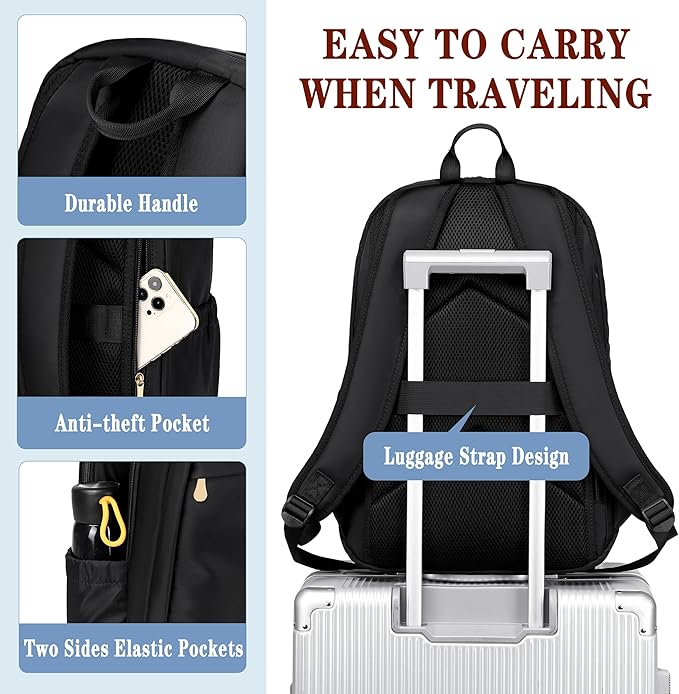 Travel Laptop Backpack for Women 15.6 Inch Computer Backpacks with USB Charging Hole Anti Theft Carry on Bag College Bookbag Large Black Back Pack for Work Business Traveling Commuter Daypack-Black