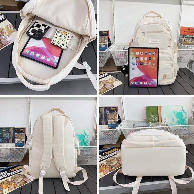 Cute Backpack Aesthetic Backpack for Girls School Casual Daypack Middle Student Travel College Backpack for Kids Large Capacity Travel(White)