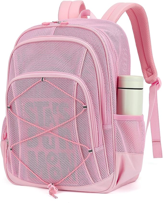 Mesh Backpack, Heavy Duty Mesh Bookbag for Girls Boys Kids, See Through Clear Backpacks, Net Backpack Transparent Breathable for School Beach Swim Travel Outdoor, Pink