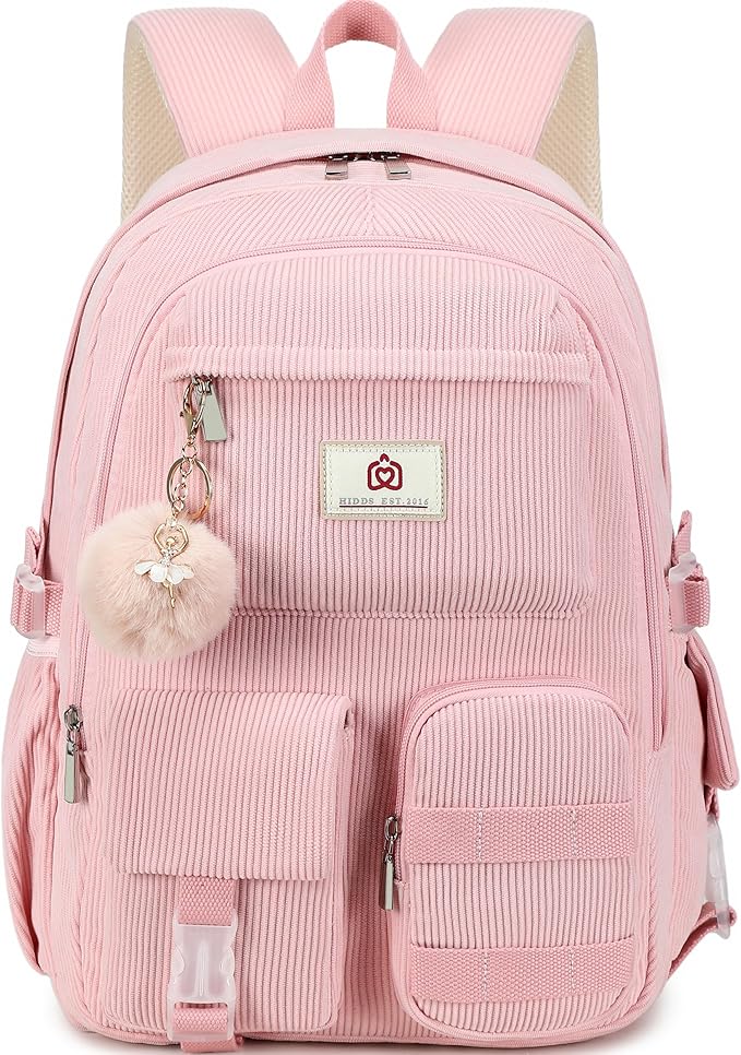 Hidds School Backpack for Teens Girls Women 15.6 Inch Laptop College Backpacks Corduroy Kids Bookbag Students Travel Daypack Womens (Pink)
