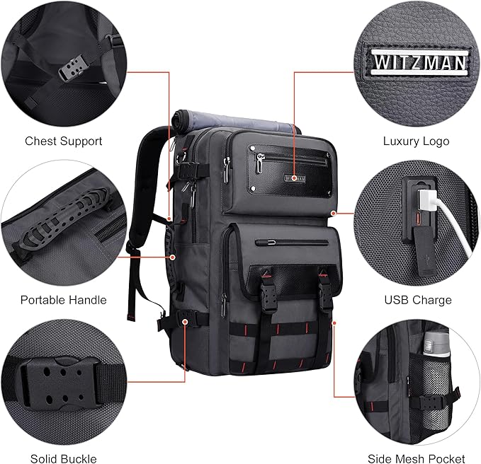 WITZMAN Carry On Travel Backpack for Men Duffle Bags Fit 17 Inch Laptop Airline Approved Laptop Backpack(B685 Silvery Grey)