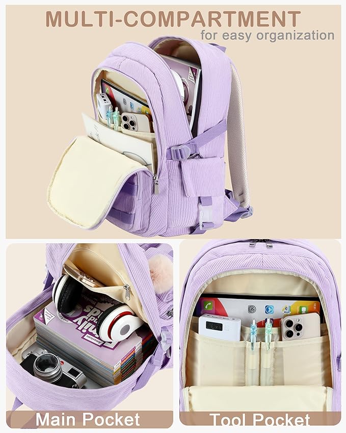 Hidds School Backpack for Teens Girls Women 15.6 Inch Laptop College Backpacks Corduroy Kids Bookbag Students Travel Daypack Womens (Purple)