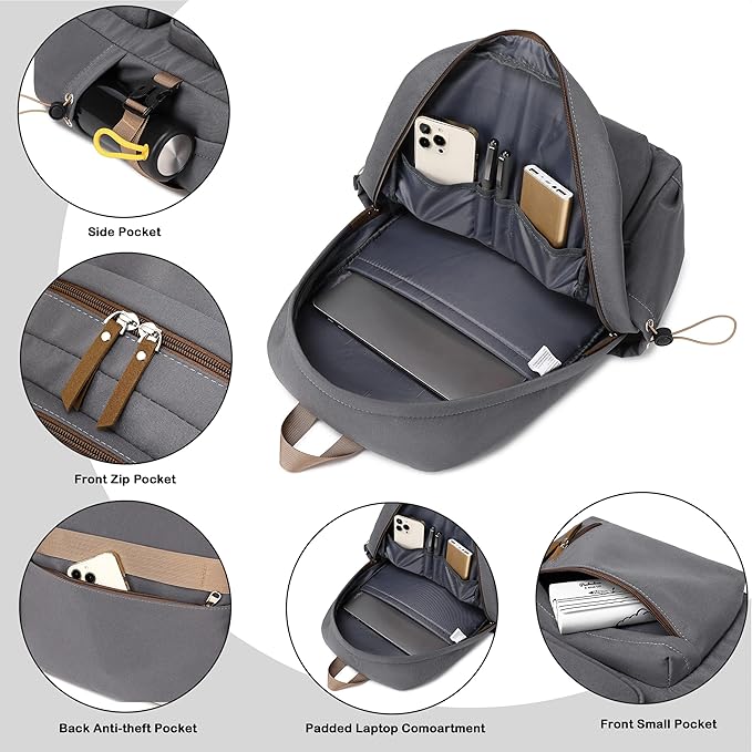 AO ALI VICTORY laptop backpack 15.6 inch anti theft travel backpacks for men and women large college bookbag work business daypack middle high school bag for girls boys teens students grey