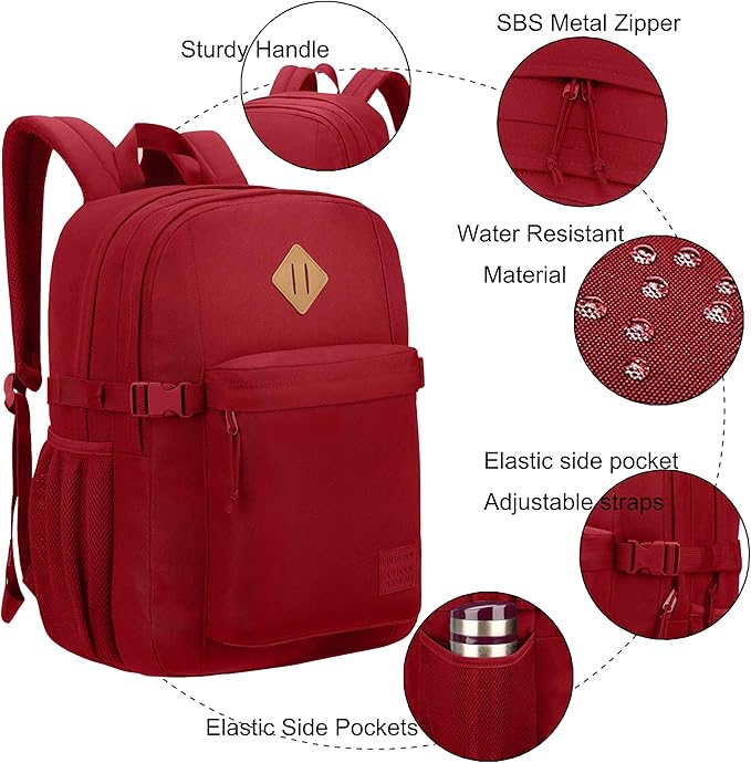 SUPACOOL Casual Backpack For School, Classical Travel Backpack for Men and Women, Bookbag for Boys, Girls and Kids, Laptop Compartment(Red)