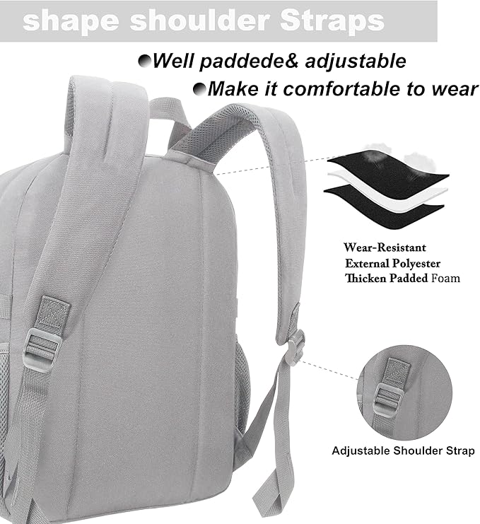 SUPACOOL Casual Backpack For School, Classical Travel Backpack for Men and Women, Bookbag for Boys, Girls and Kids, Laptop Compartment(Light Grey)