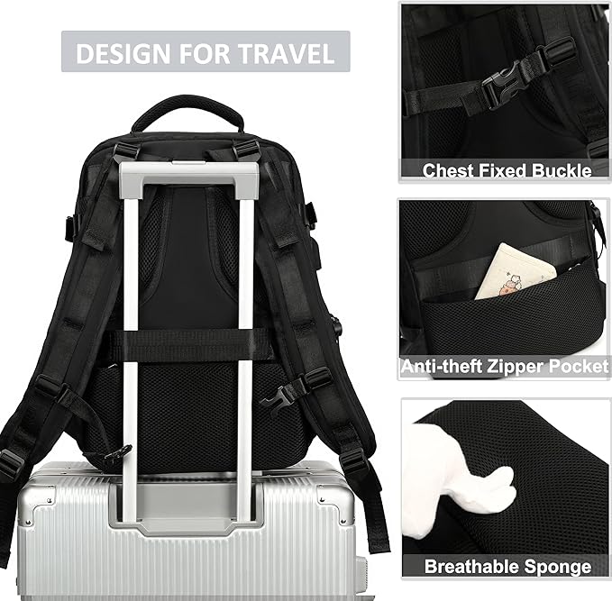 Travel Backpack for Women Men 17 Inch Laptop Backpacks with USB Port Carry on Bag Airline Approved Large College School Bookbags Waterproof Work Business Sport Rucksack Casual Daypack (Black)