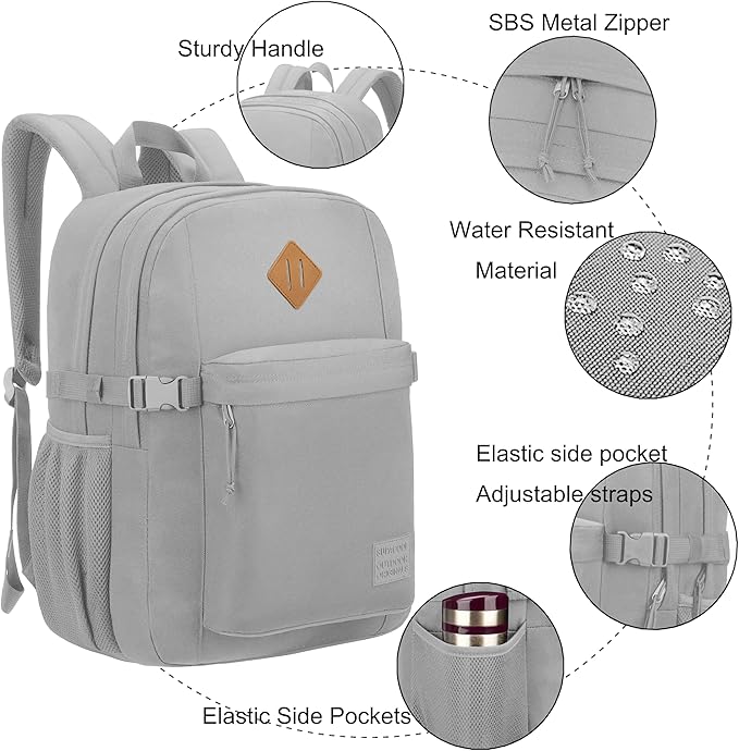 SUPACOOL Casual Backpack For School, Classical Travel Backpack for Men and Women, Bookbag for Boys, Girls and Kids, Laptop Compartment(Light Grey)