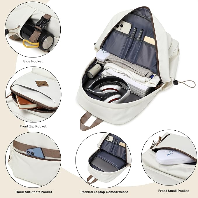 AO ALI VICTORY laptop backpack 15.6 inch anti theft travel backpacks for men and women large college bookbag work business daypack middle high school bag for girls boys teens students beige