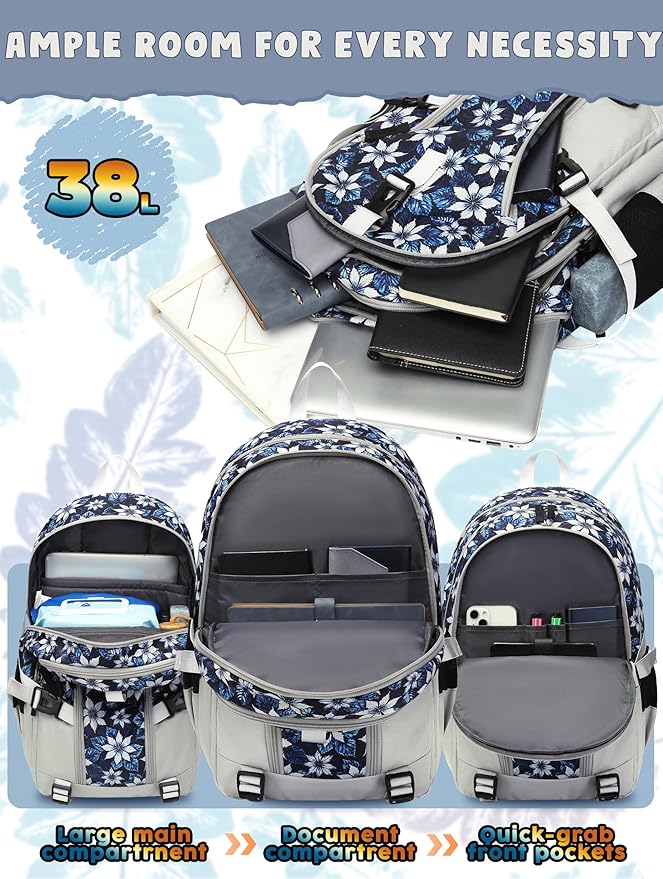 BLUEFAIRY High School Backpack for Girls Boys Middle School Bookbag for Kids Back to School Bag for College with Large Compartment Casual Daypack Mochilas para Niñas Adolescentes 18" Navy Blue