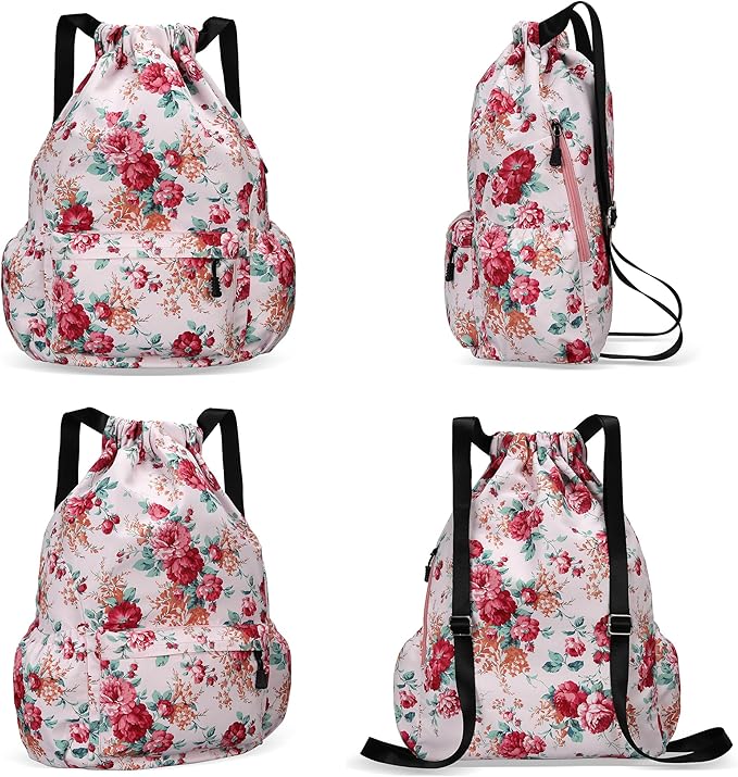 Drawstring Backpack for Women Drawstring Gym Bag Water Resistant Small Cinch Sack Pull String Backpack Bag (Flower-D)