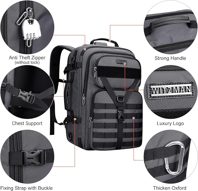 WITZMAN Carry On Travel Backpack for Men Large Convertible 45L Fit 17 Inch Laptop Backpack 3 in 1 Bag for Airline Approved(B688 Silvery Grey)