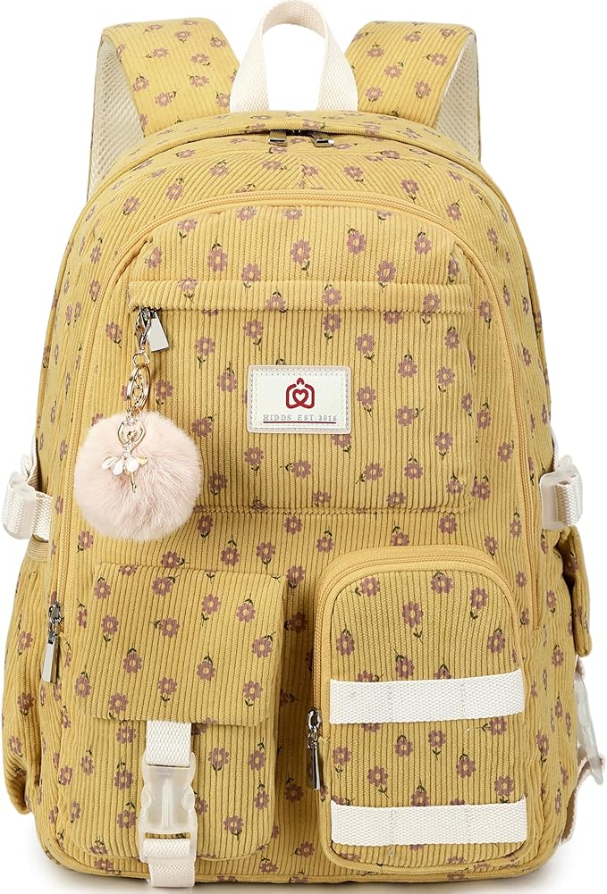 Hidds School Backpack for Teens Girls Women 15.6 Inch College Backpacks Corduroy Work Bag Kids Middle High School Bookbag Students Back Pack Anti Theft Travel Daypack Womens-Corduroy Khaki Floral