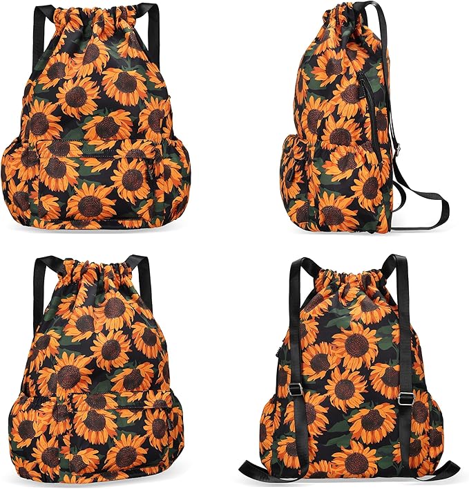 Drawstring Backpack for Women Drawstring Gym Bag Water Resistant Small Cinch Sack Pull String Backpack Bag (Sunflower)