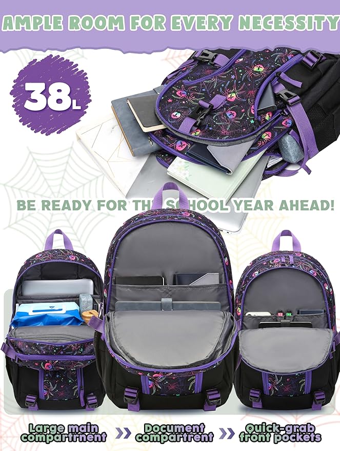 BLUEFAIRY High School Backpack for Girls Boys Middle School Bookbag for Kids Back to School Bag for College with Large Compartment Casual Daypack Mochilas para Niñas Adolescentes 18" Black Purple