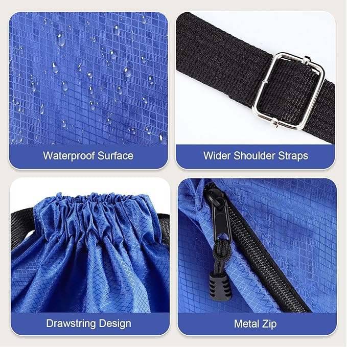 Drawstring Backpack, Gym Bag with Water Bottle Pocket, Waterproof String Backpack for Soccer, Basketball, Swim for Women Men (Blue