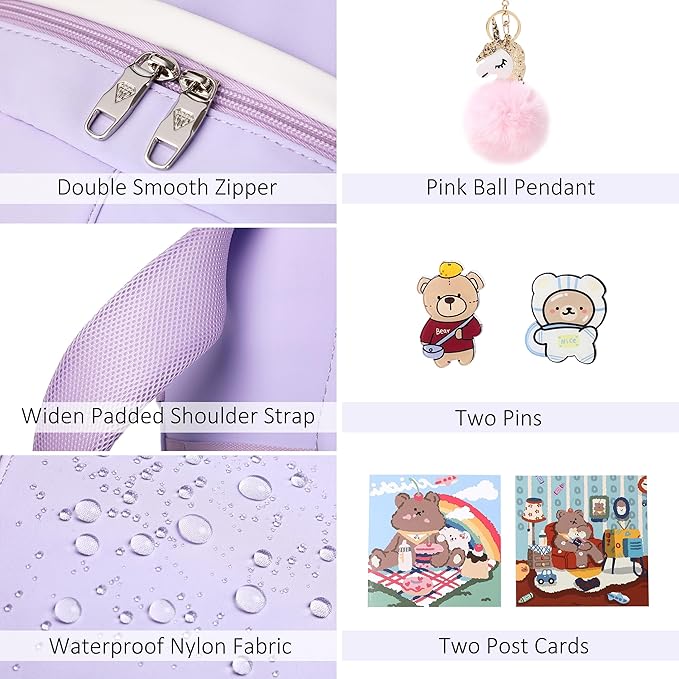 LXYGD Backpack for Girls with Accessories Laptop Bookbags 16 Inch Kawaii Kids Elementary Middle High School Bag College Travel Daypack Gifts for Teens Women Students (Purple)