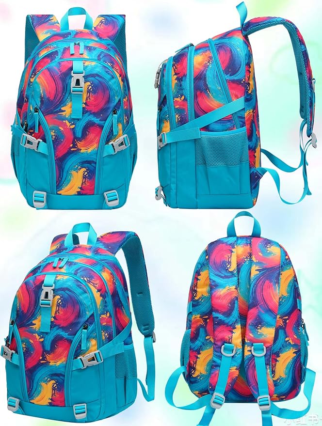 BLUEFAIRY High School Backpack for Girls Boys Middle School Bookbag for Kids Back to School Bag for College with Large Compartment Casual Daypack Mochilas para Niñas Adolescentes 18" Tie Dye Teal