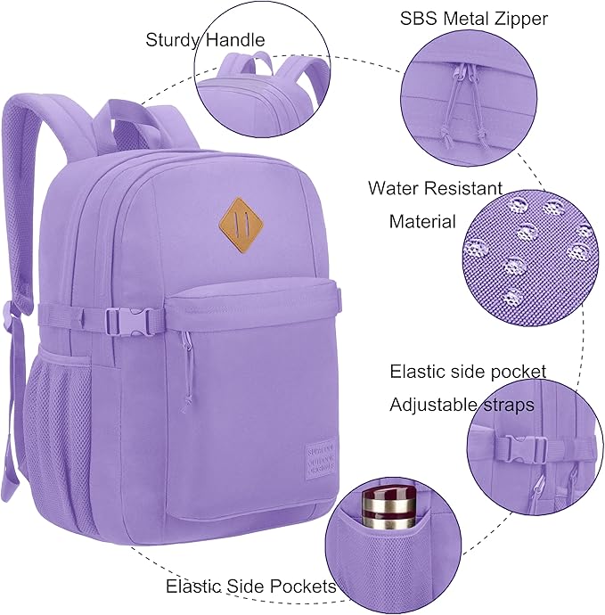 SUPACOOL Casual Backpack For School, Classical Travel Backpack for Men and Women, Bookbag for Boys, Girls and Kids, Laptop Compartment(Purple)