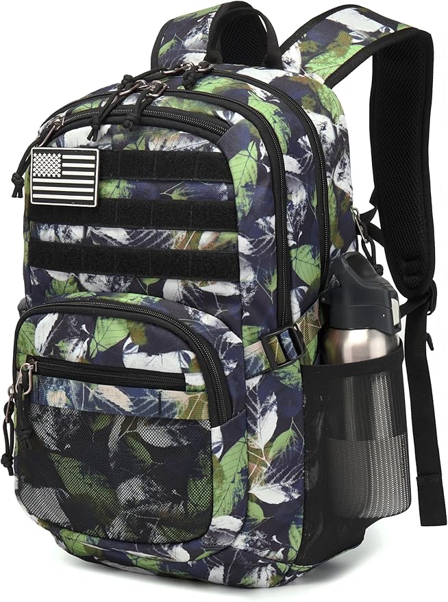 Military Tactical Backpack for Men Army 3 Days Assault Pack Bag with Molle System for Outdoor Adventures (green leaves, 30L)