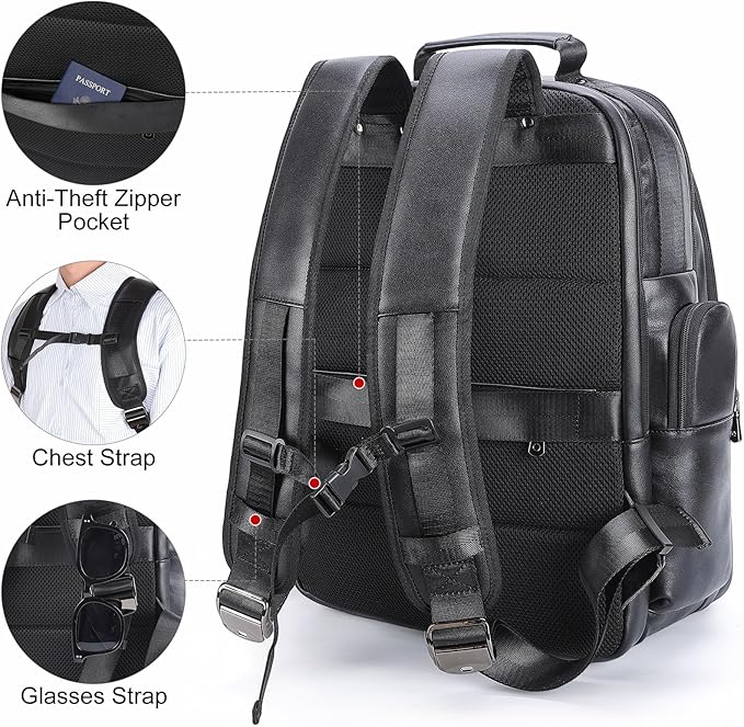 TIDING Genuine Leather Backpack for Men Large Capacity 17.3 Inch Laptop Bag Black Waterproof Business Work Travel Daypack