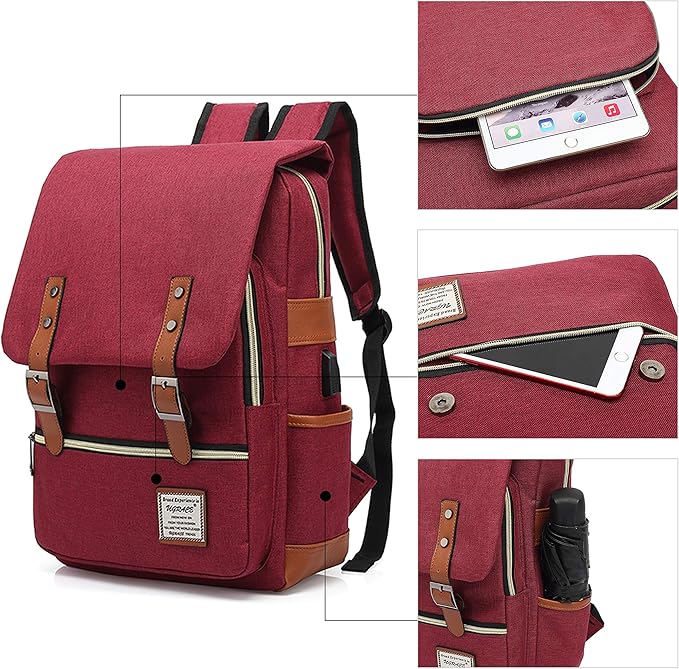 UGRACE Vintage Laptop Backpack with USB Charging Port, Elegant Water Resistant Travelling Backpack Casual Daypacks College Shoulder Bag for Men Women, Fits up to 15.6Inch Laptop in Red