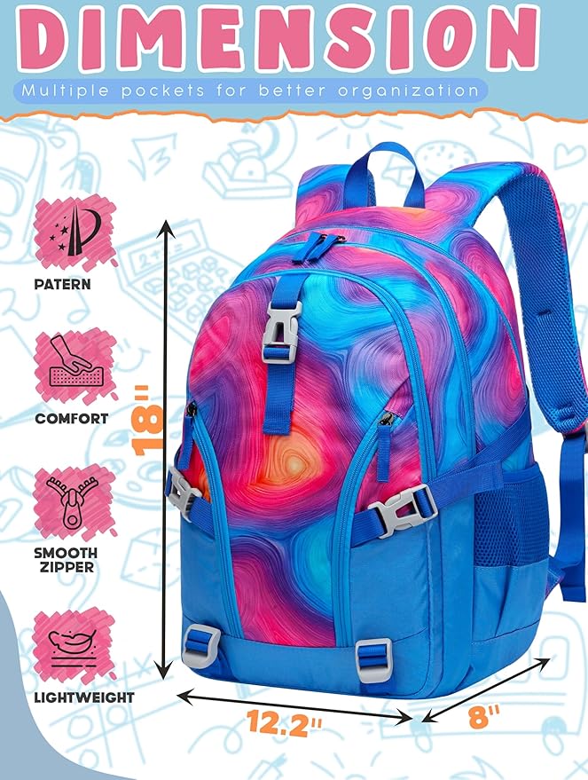 BLUEFAIRY High School Backpack for Girls Boys Middle School Bookbag for Kids Back to School Bag for College with Large Compartment Casual Daypack Mochilas para Niñas Adolescentes 18" Tie Dye Blue