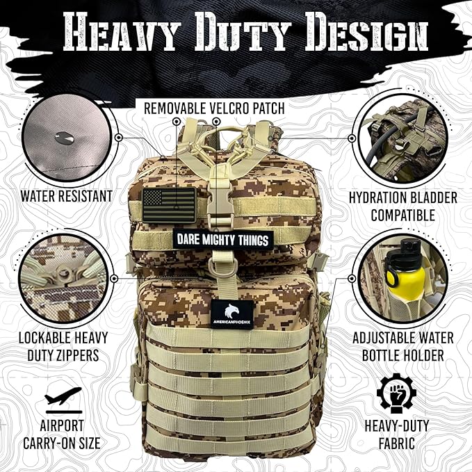 AMERICANPHOENIX 45L Elite Tactical Backpack | 3X Stronger Work & Military Backpack | Water Resistant and Heavy Duty | 3 Day MOLLE Bug Out Bag (Sand Storm)