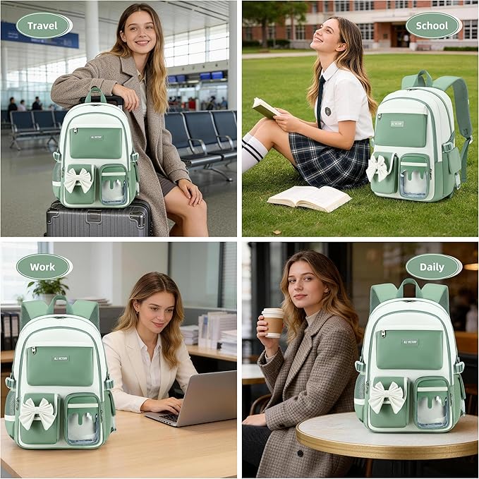 Laptop Backpack 16 Inch Kids Elementary Middle High School Bag College Backpacks Women Work Business Back Pack Travel Rucksack Large Bowknot Bookbag for Teens Girls Womens Students (Green)