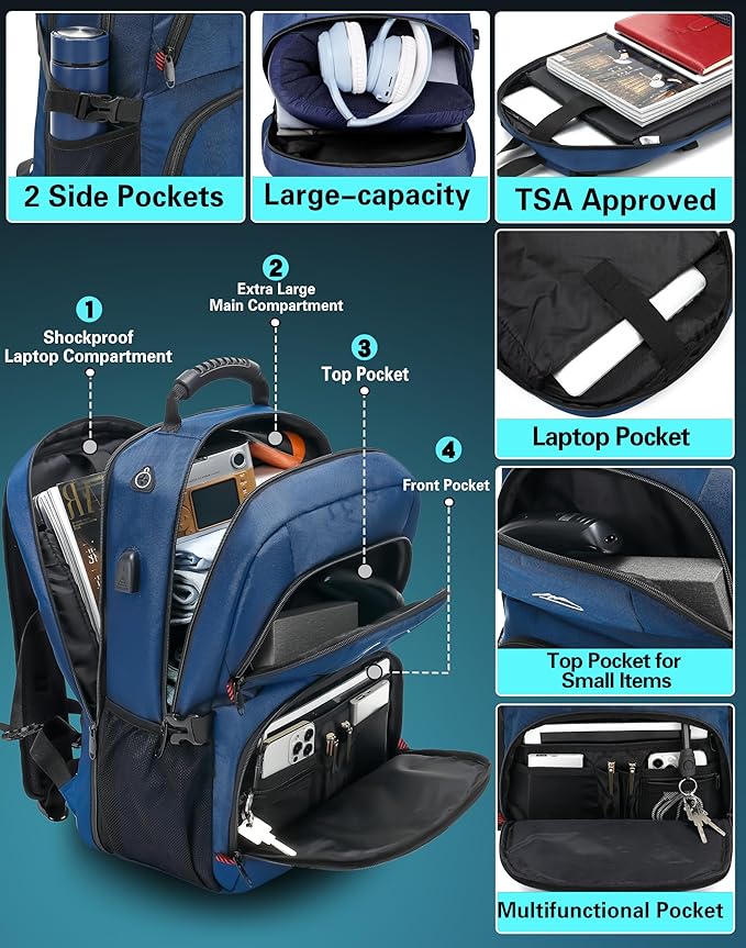 ProEtrade Travel Backpack, Extra Large Laptop Backpack School Business Anti Theft TSA Approved College Work Computer Bag Fits 17 Inch Laptop with USB Charging Port Bookbag for Women Men(Blue)