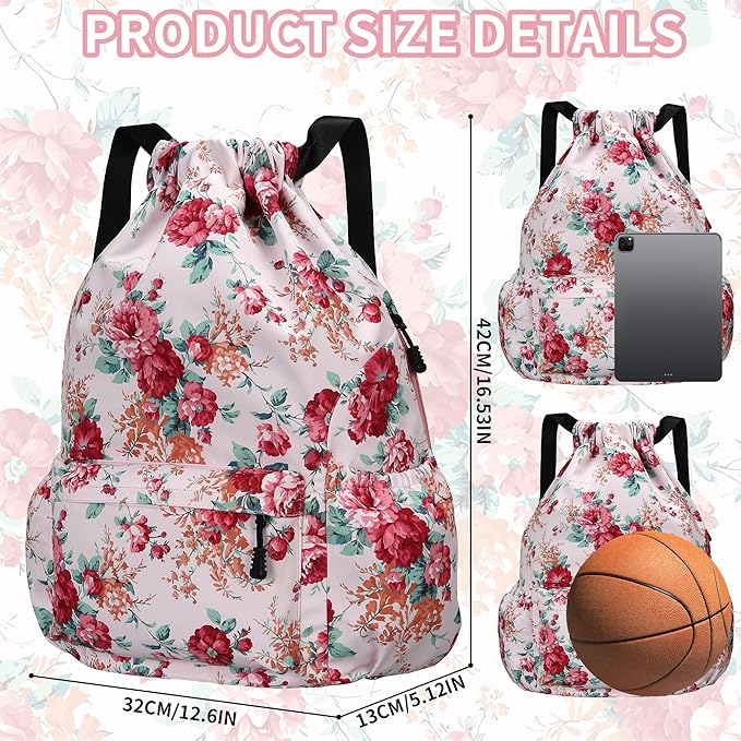 Drawstring Backpack for Women Drawstring Gym Bag Water Resistant Small Cinch Sack Pull String Backpack Bag (Flower-D)