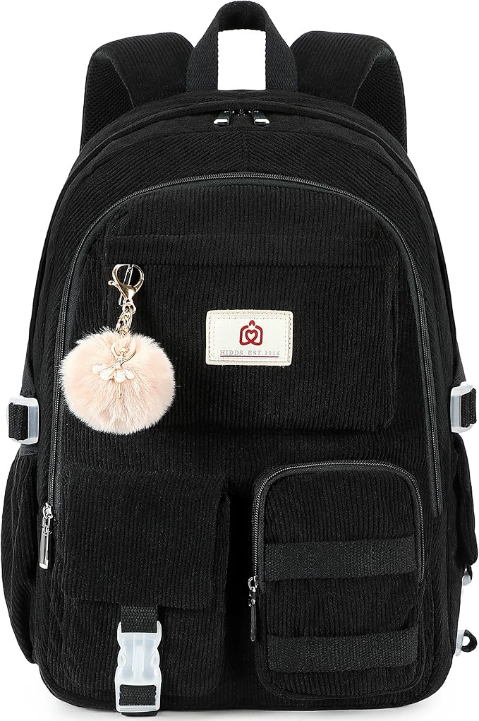 Hidds School Backpack for Teens Girls Women 15.6 Inch Laptop College Backpacks Corduroy Work Bag Kids Elementary Middle High Campus Bookbag Students Back Pack Anti Theft Travel Daypack Womens - Black