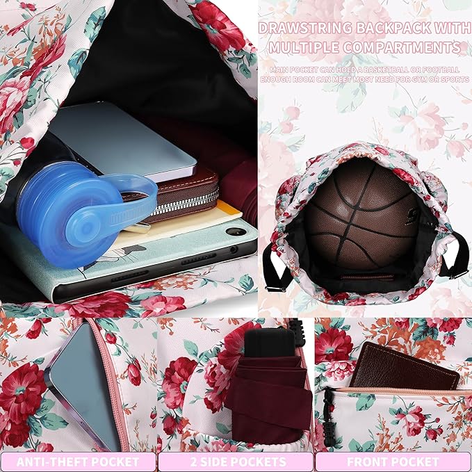 Drawstring Backpack for Women Drawstring Gym Bag Water Resistant Small Cinch Sack Pull String Backpack Bag (Flower-D)