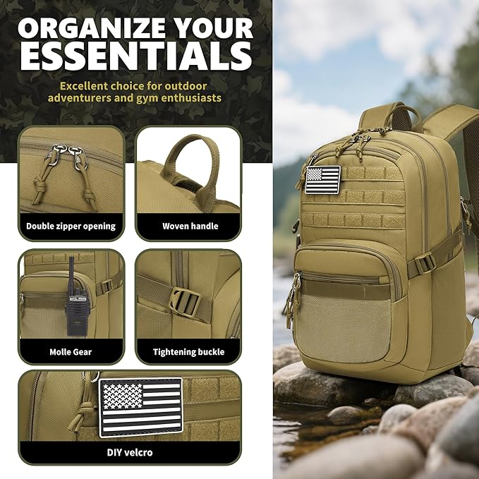 Military Tactical Backpack for Men Army 3 Days Assault Pack Bag with Molle System for Outdoor Adventures (khaki, 25L)