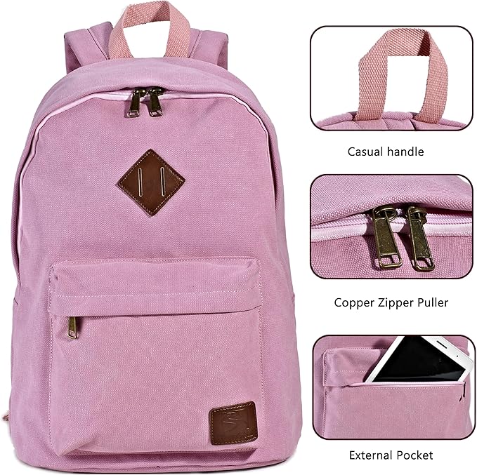 Canvas Laptop Backpack, Durable Rucksack, Travel Bag Fits 15.6 Inch Notebook for Women Factory Directly (Pink)