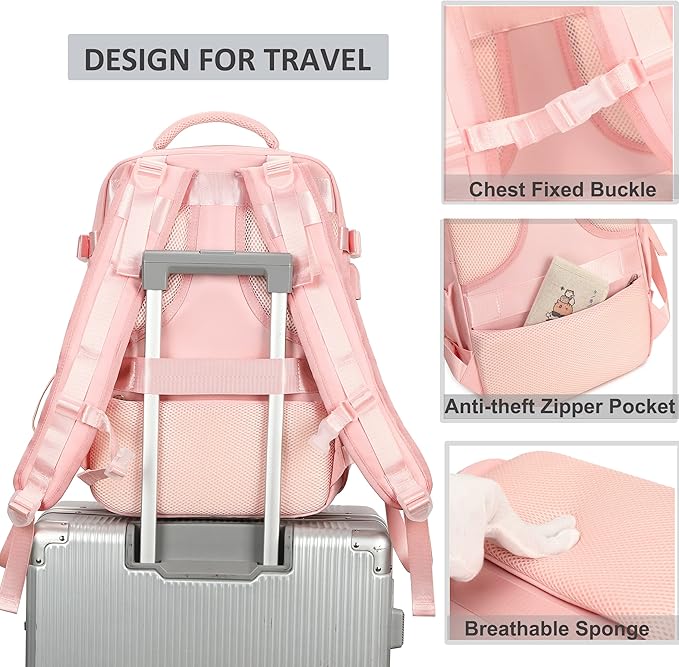 Travel Backpack for Women Men 15.6 Inch Laptop Backpacks with USB Port Carry on Bag Airline Approved Large College School Bookbags Waterproof Work Business Sport Rucksack Casual Daypack (Pink)