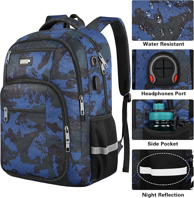 Jiefeike Laptop Backpack for Men, Large Travel Backpack TSA Friendly Anti Theft Backpacks with USB Charging Port, Water-Resistant Bag Daypack for Work, 17.3inch Approved Computer Bookbag & Notebook