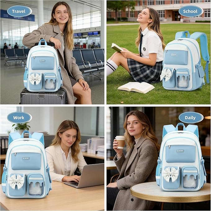 Laptop Backpack 16 Inch Kids Elementary Middle High School Bag College Backpacks Women Work Business Back Pack Travel Rucksack Large Bowknot Bookbag for Teens Girls Womens Students (Blue)