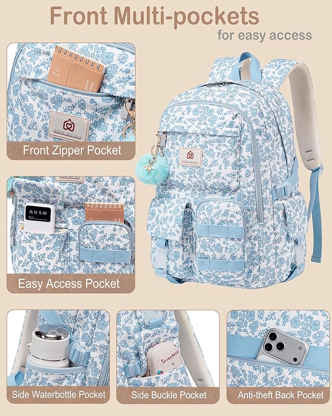School Backpack for Teens Girls Women 15.6 Inch Laptop College Backpacks Corduroy Work Bag Kids Elementary Middle High School Bookbag Students Back Pack Anti Theft Travel Daypack Womens-Blue Floral