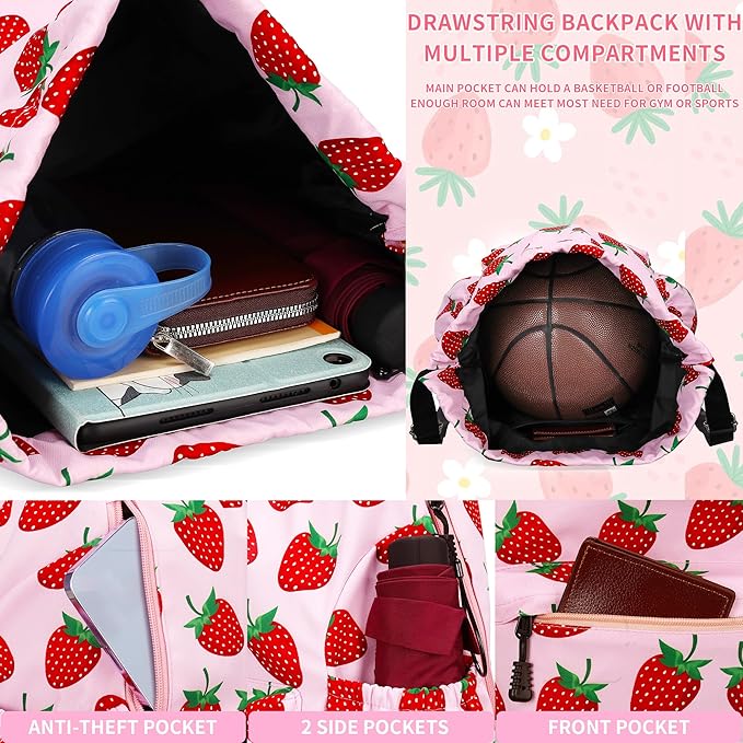 Drawstring Backpack for Women Drawstring Gym Bag Water Resistant Small Cinch Sack Pull String Backpack Bag (Strawberry)
