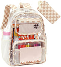 Bluboon Clear Backpack Heavy Duty Kids Boys Clear Bookbag See Through Backpacks with Pencil Case for College Work (Transparent Brown white Checked)