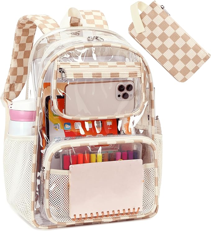 Bluboon Clear Backpack Heavy Duty Kids Boys Clear Bookbag See Through Backpacks with Pencil Case for College Work (Transparent Brown white Checked)
