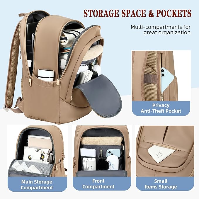 Hidds Travel Laptop Backpack for Women 15.6 Inch Computer Backpacks with USB Charging Hole Anti Theft Carry on Bag College Bookbag Large Back Pack for Work Business Traveling Commuter Daypack-Coffee