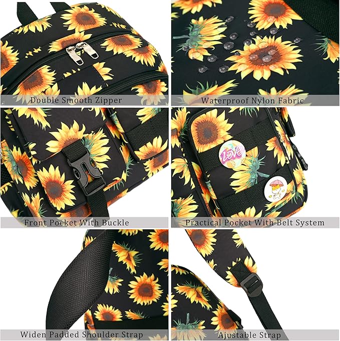 Hidds Laptop Backpacks 15.6 Inch College Backpack Elementary Middle High School Book Bag Cute Bookbags Anti Theft Travel Back Pack Casual Daypack Kids for Teens Girls Women Students (Sunflower Black)
